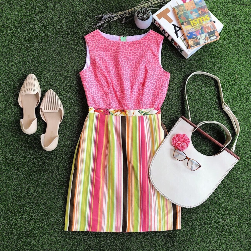 Hand made, Anthropologie inspired day dress with a bold, colorful patterns.
